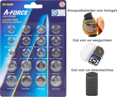 A-Force lithium High Power knoopcel batterijen - Voor horloges, radio's, zaklampen, afstandsbedieningen enz. - 20 Stuks