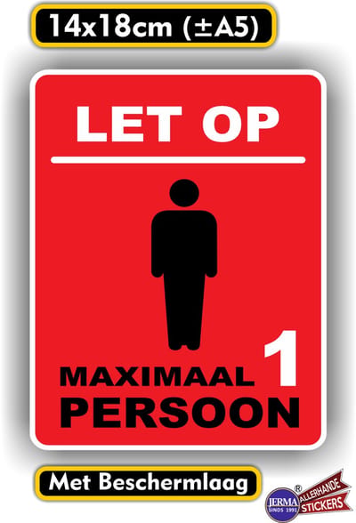 Jerma - Sticker - Maximaal 1 persoon in deze ruimte – 14 x 18 cm - Vinyl - Zelfklevend - Krasbestendig