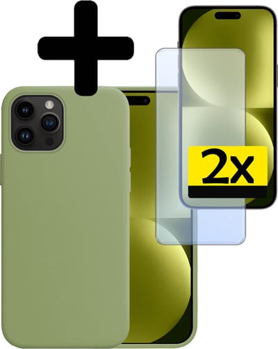 Hoesje - Met 2x Screenprotector - Geschikt voor Apple iPhone 15 Pro - Sterk & Shockproof - Back Cover - Siliconen Case - Telefoon Hoes - Telefoonhoesjes - Groen