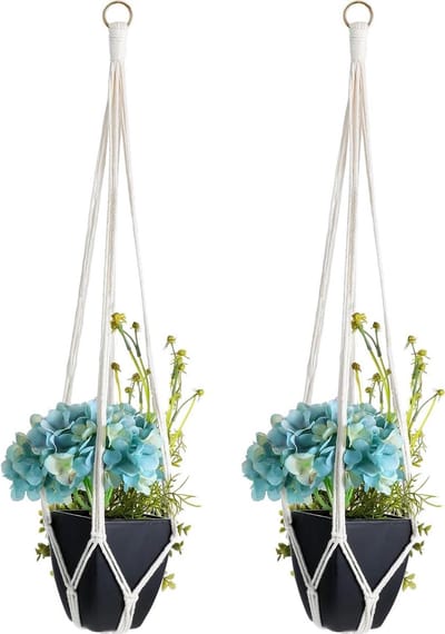 Plantenhanger - Planthanger 2 stuks macramé plantenhangers hangende katoenen touw hangpot bloempot plantenhouder hanger voor planten met 2 metalen haken voor binnen en buiten plafond balkon wanddecoratie