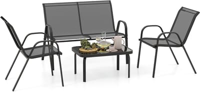 COSTWAY 4-delige tuinmeubelset, balkonmeubels, terrasmeubels, zitgroep, zitgroep voor 4 personen, tuingarnituur incl. 2 stoelen, bank & tafel, voor balkon, terras, tuin (grijs)