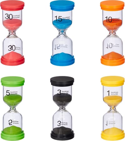 zandloper set - 6-delig - 6 looptijden - 11x4,5 cm - bordspelletjes - timer kunststof & glas