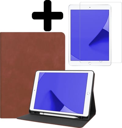 Hoes - Geschikt voor Apple iPad 7 (2019) - 10.2 inch - 7e Generatie - Met Screenprotector - Luxe Bookcase - Hard Cover Case - Met Uitsparing Geschikt voor Apple Pencil - Hardcover Book Tablet Hoesje - Bruin