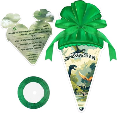 SnelShoppen - 12 Pcs Dinosaur Uitnodigingen, Vouwbare Kaarten voor School Introductie, Feest, Verjaardag, Groene Cadeau Ribbon, Meisjes Uitnodigingen,