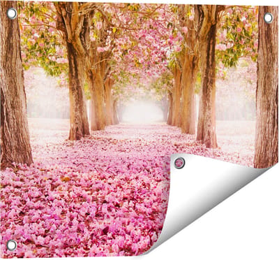 Gards Tuinposter Romantische Bomen Tunnel met Roze Anjers - 50x40 cm - Tuindoek - Tuindecoratie - Wanddecoratie buiten - Tuinschilderij