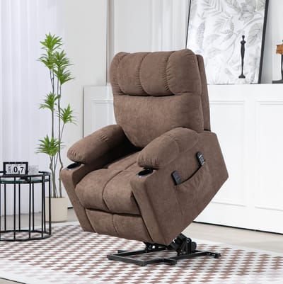OKWISH Relaxfauteuil 91 x 95 x 109 cm - Elektrische Sta-op Hulp, Verstelbare Ligstand, Massage En Lendenverwarming - Woonkamer - Fluweelachtig Polyester - Bruin