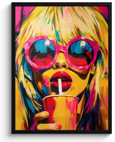 Poster in lijst - Fotolijst 60x80 cm - Posters - Zonnebril - Roze - Vrouw - Rietje - Posterlijst zwart - Decoratie - Wanddecoratie woonkamer - Muurdecoratie slaapkamer
