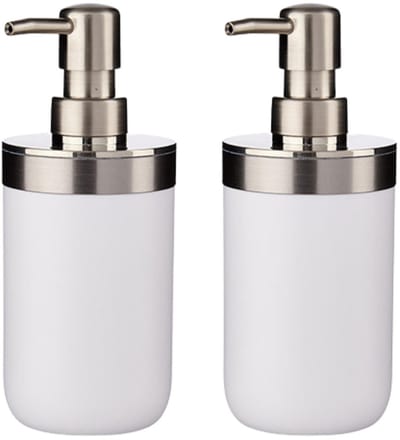 Berilo Zeepdispenser pompje - 2x - 16 cm - kunststof en rvs - wit/zilver - 360 ml - toilet - keuken - badkamer