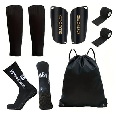 Dutchers® Voetbalset - 5 Delig - Voetbal Trainingsmateriaal - Scheenbeschermers - Compressie Kousen - Kniebeschermers - Trainingsuitrusting - Voetbalsokken - Gripsokken - Training Spullen - Zwart