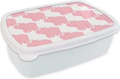 Broodtrommel Wit - Lunchbox - Brooddoos - Nijlpaard - Roze - Meisje - Kind - Patronen - 18x12x6 cm - Volwassenen
