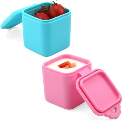 Set van 2 Levensmiddelencontainers voor Dips en Sauzen, Lekvrije Siliconen Potjes met Deksel voor Lunch, Picknick en Reizen (Roze, Cyan)