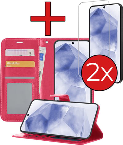 Hoesje - Met 2x Screenprotector - Geschikt voor Samsung Galaxy A55 - Luxe Pasjeshouder - Flip Case - Bookcase Portemonee - Kunstleer Book Case - Flipcase Hoes - Book Cover - Walletcase - Portemonneehoes - Telefoonhoes - Donkerroze