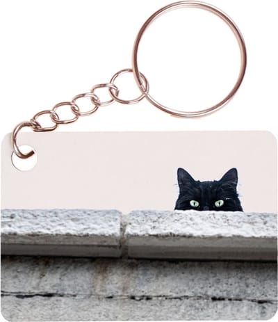 Sleutelhanger 6x4cm - Zwarte Kat achter rand