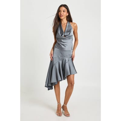 boohoo Dames Satijnen Cowl Hals Asymmetrische Zoom Mini Jurk | Metalic Donkergrijs | Maat: 34