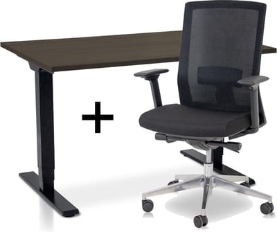 Zit-sta bureau elektrisch verstelbaar +  ERGO Bureaustoel | ARBO COMFORT NEN-EN 527 Thuiswerkset | frame bureau zwart - bureaublad bruin eiken | 120x80 cm