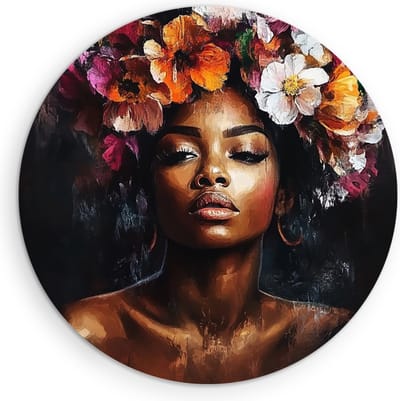 Saammp - Muurcirkel Hout - Afrikaanse Vrouw - Kleurrijke Bloemen - Abstract - Ø 90 - Wandcirkel - Wanddecoratie Cirkel - Muurdecoratie Woonkamer - Slaapkamer decoratie - Rond Schilderij