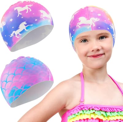 Zwemcap voor Kinderen, 2 Stuks, Waterdichte Silicone Zwemcap, Comfortabele Kleine Zwemcap, Zeemeermin en Eenhoorn Design