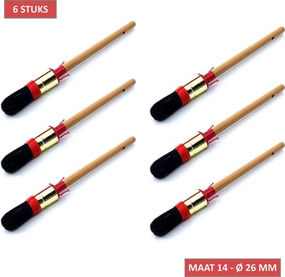 TQ4U Patentpuntkwast Maat 14 - Rond - Varkenshaar - Messing Bus - Gewaxte steel - Alkyd - Voor Alle Verfsoorten - Set van 6 Kwasten