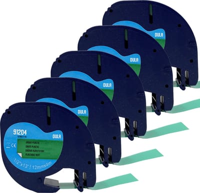 DULA - Dymo LetraTag 91204 - S0721640 - Label Tape - Zwart op Groen plastic - 12mm x 4m - 5 Stuks