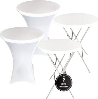 IvoQ 2x Witte Statafel - Set van 2 + 2x Witte Statafelrok - Inklapbaar - Ø80x110 cm - Partytafel / Staantafel Rond - Cocktailtafel - Binnen & Buiten