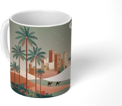 Mok - Koffiemok - Nachtlandschap - Kamelen - Sterren - zandduinden - Mokken - 350 ML - Beker - Koffiemokken - Theemok