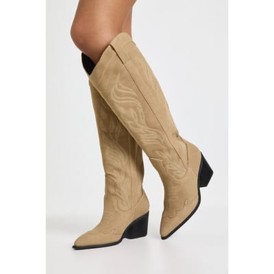 boohoo Dames Wijde Pasvorm Geborduurd Western Laarzen | Taupe | Maat: 37