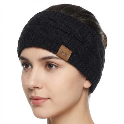Zwarte gebreide hoofdband dames – winter haarband met kabelpatroon – warme elastische oorwarmer met leren label – zachte gebreide band voor koude dagen