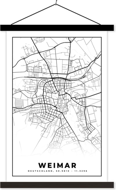 Posterhanger incl. Poster 40x60 cm - Schoolplaat - Plattegrond - Kaart - Stadskaart - Weimar - Textielposter - Zwarte latten - Stadskaart