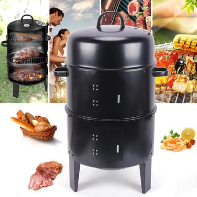 Wildor® 3in1 BBQ - Houtskoolgrill - Barbecue Roker - Vat Roker Grill - Met Thermometer - Verstelbare luchtuitlaat - 2 Grills 38Ø - 2 Deuren - Vlees roken - Vis roken - Braden, Grillen, Stoomkoken en Roken