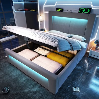 MODENUIT Eenpersoonsbed 90x200 cm – Hydraulisch Bed met Opbergruimte – Led en Usb-C – Fluweel – Zonder matras – Grijs