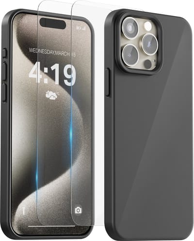 Hoesje Geschikt voor iPhone 15 Pro - Zwart - Anti Shock silicone case hoes - 2x Screenprotector tempered glass