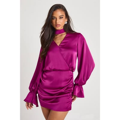 boohoo Dames Satijn Blouson Wikkeljurk | Magenta | Maat: 8