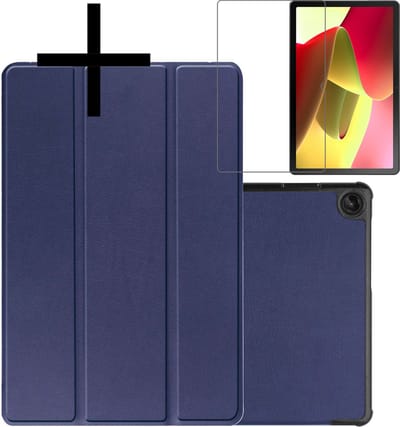 Hoes - Geschikt voor Lenovo Tab M10 (3e / 3rd generatie) - Met Screenprotector - Trifold Bookcase - Hard Cover - Hardcover Book Case - Tablet Hoesje - Donkerblauw