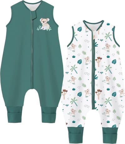 Babyslaapzak met voeten, 1,5 TOG, 100% katoen, voor kinderen, geschikt voor het hele jaar, verpakking van 2 stuks