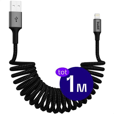 Buddi Flex | Uitrekbare USB-A naar Lightning Krul Kabel 12W Fast Charge 5V/2.4A | 480Mbps Dataoverdracht | Gevlochten Elastisch Nylon | Krulsnoer | Spiraalkabel | Voor in de auto | 1M Zwart