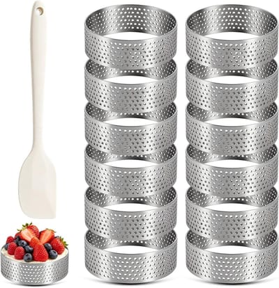 SnelShoppen - 12 stuks 6cm Dessert Ringen voor Mousse, Taartjes, Mini Pizzas en Muffins - Roestvrijstalen Perforated Cake Ringen met Spatel - Perfect