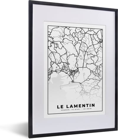 Fotolijst incl. Poster Zwart Wit- Stadskaart – Frankrijk – Kaart – Le Lamentin - Plattegrond - Zwart wit - 30x40 cm - Posterlijst