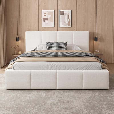 BLACKCOLORS Gestoffeerd bed, tweepersoonsbed, 180 x 200 cm, bed met lattenbodem, hoofdeinde, gestoffeerd hoofdeinde, beige bouclé
