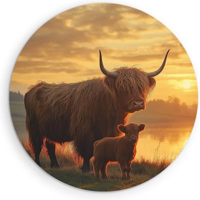 Saammp - Muurcirkel Hout - Schotse Hooglander Koe - Kalf - Zonsondergang - Dieren - Natuur - Ø 90 - Wandcirkel - Wanddecoratie Cirkel - muurdecoratie Woonkamer - Slaapkamer decoratie - Rond Schilderij