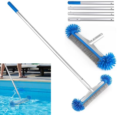 Allecto - Poolborstel - Aluminium Poolreiniger - 140 cm Verstelbare Steel - Blauw - Nylon Borstelharen - Ideaal voor Tuinzwembaden - 43 cm Borstel