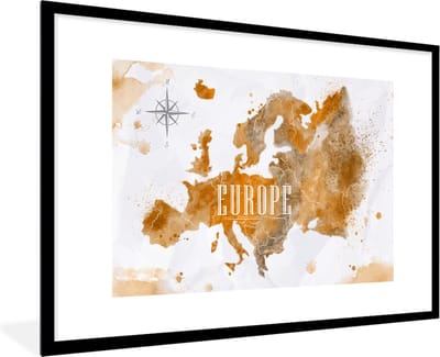 Poster in lijst - Fotolijst 90x60 cm - Posters - Wereldkaart - Europa - Kleur - Posterlijst zwart - Decoratie - Wanddecoratie woonkamer - Muurdecoratie slaapkamer