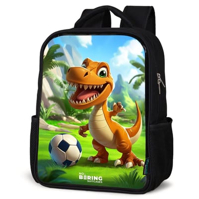 NoBoringSuitcases.com® - Rugzak zwart - Schooltas jongen & meisje - Dino met een voetbal in groen landschap - Rugtas voor school - Boekentas kind - Schoolrugzak - Kinderrugzak