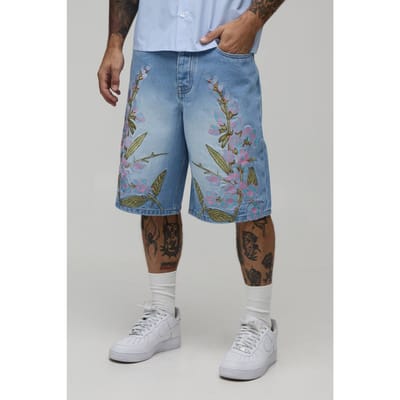 Baggy Stijve Denim Shorts Met Geborduurde Bloemen | Light Blue | Size 32
