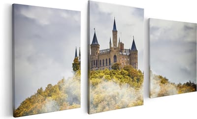 Artaza Canvas Schilderij Drieluik Kasteel op de Berg in het Bos - 120x60 - Foto Op Canvas - Canvas Print