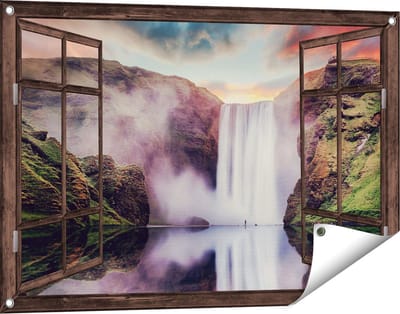 Gards Tuinposter Doorkijk Waterval met een Weerspiegeling in het Water - 90x60 cm - Tuindoek - Tuindecoratie - Wanddecoratie buiten - Tuinschilderij