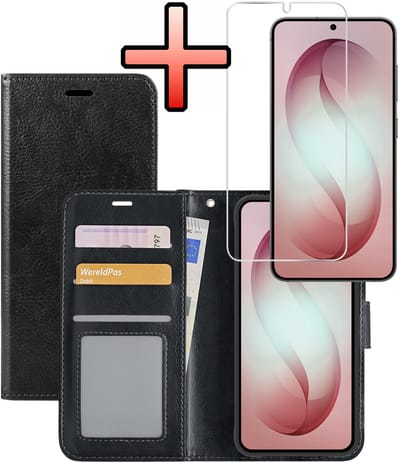 Hoesje - Met Screenprotector - Geschikt voor Samsung Galaxy S26 - Luxe Pasjeshouder - Bookcase Portemonee - Flip Case - Kunstleer Book Case - Flipcase - Book Cover - Walletcase - Portemonneehoes - Zwart