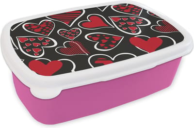 Broodtrommel Roze - Lunchbox - Brooddoos - Meisjes - Hart - Liefde - Patronen - Girl - Kids - Kinderen - Kind - 18x12x6 cm - Kinderen - Meisje