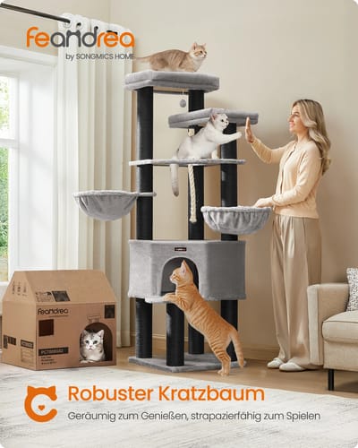 Feandrea krabpaal, kattenboom met meerdere verdiepingen, XXL, 55x55x186,7 cm, 11 cm D-dikte sisal trunks Deaf Gray-cream White