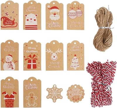Dailygoods- Kerstcadeauhangers 120 stuks - Kraftpapier - Cadeaulabels - Cadeaustickers - Bruin-wit - Met koord
