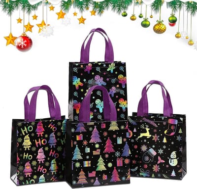 4 Stuks Herbruikbare Zwarte Kersttassen voor Geschenken, 23 x 22 x 11 cm, Kleurrijke Cadeautassen voor Feestdecoratie en Kerstinkopen